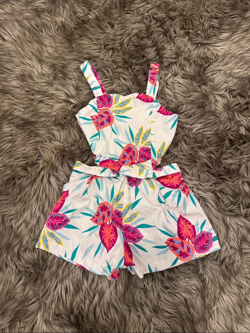 Girls White Floral Cutout Romper with Pink & Teal Leaves